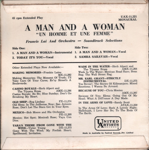 Francis Lai And Orchestra* : A Man And A Woman ("Un Homme Et Une Femme") (7", EP)