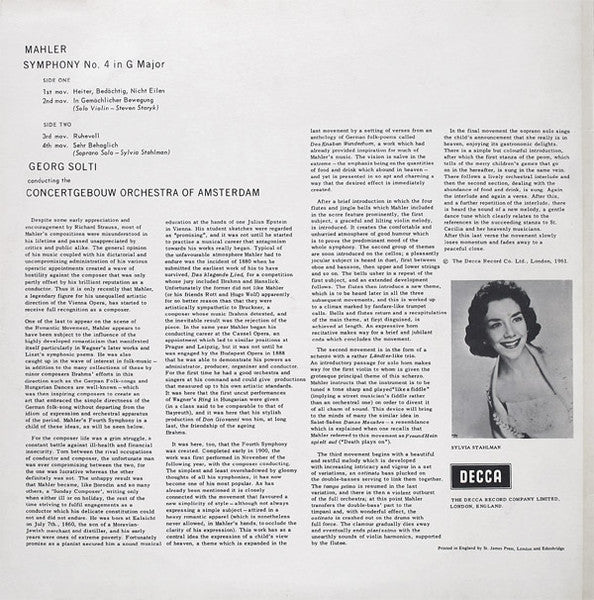 Mahler*, Concertgebouw Orchestra Of Amsterdam*, Georg Solti : Symphony No. 4 In G Major (LP)