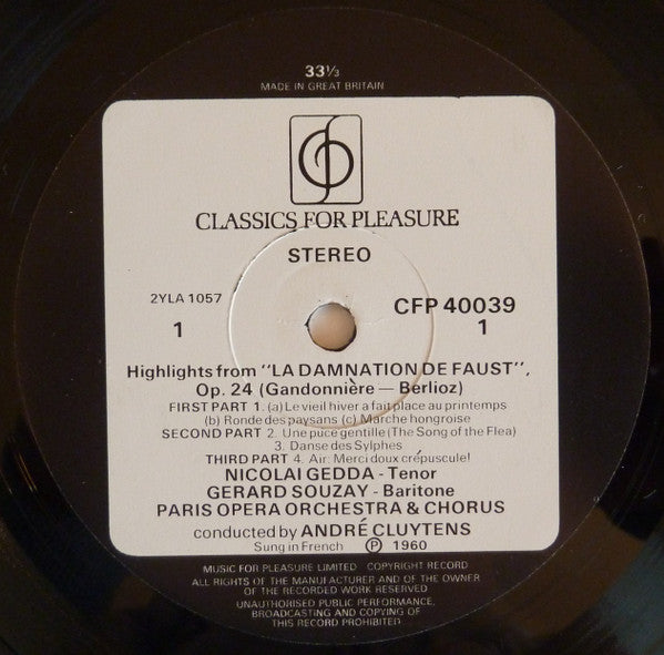 Hector Berlioz, Orchestre Du Théâtre National De L'Opéra-Comique, André Cluytens : Highlights From La Damnation De Faust (LP, RE)