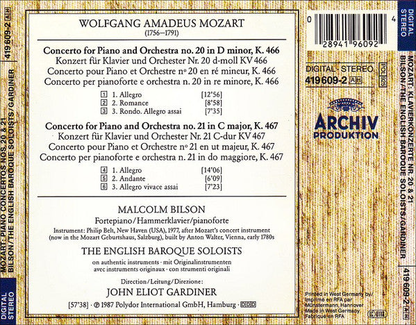 Wolfgang Amadeus Mozart - Malcolm Bilson • The English Baroque Soloists • John Eliot Gardiner : Piano Concertos Nos. 20 & 21 (CD)