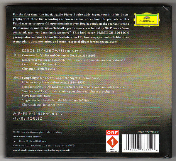 Karol Szymanowski - Christian Tetzlaff, Wiener Philharmoniker, Pierre Boulez : Violin Concerto No. 1 / Symphony No. 3 "Song Of The Night" (2xCD, Album, Dlx, Pre)