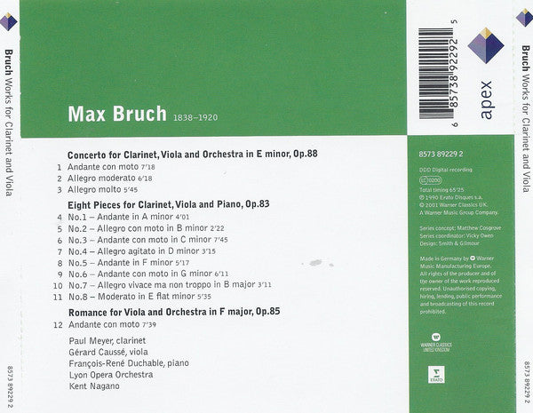 Max Bruch, Paul Meyer, Gérard Caussé, François-René Duchâble, Orchestre De L'Opéra De Lyon, Kent Nagano : Concerto For Clarinet, Viola & Orchestra / 8 Pieces For Clarinet, Viola & Piano / Romance For Viola & Orchestra (CD, RE)