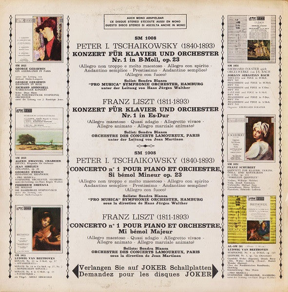 Pyotr Ilyich Tchaikovsky / Franz Liszt / The Hamburg Pro Musica Unter Der Leitung Hans-Jürgen Walther / Orchestre Des Concerts Lamoureux Unter Der Leitung Jean Martinon Soloist Sondra Bianca : Konzert Für Klavier Und Orchester Nr.1 In B-Moll, Op.23 / Konzert Für Klavier Und Orchester N.1 In Es-Dur (LP)