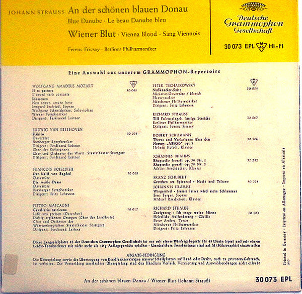 Berliner Philharmoniker, Ferenc Fricsay, Johann Strauss Jr. : An Der Schöne Blauen Donau / Wiener Blut (7", EP, Mono)