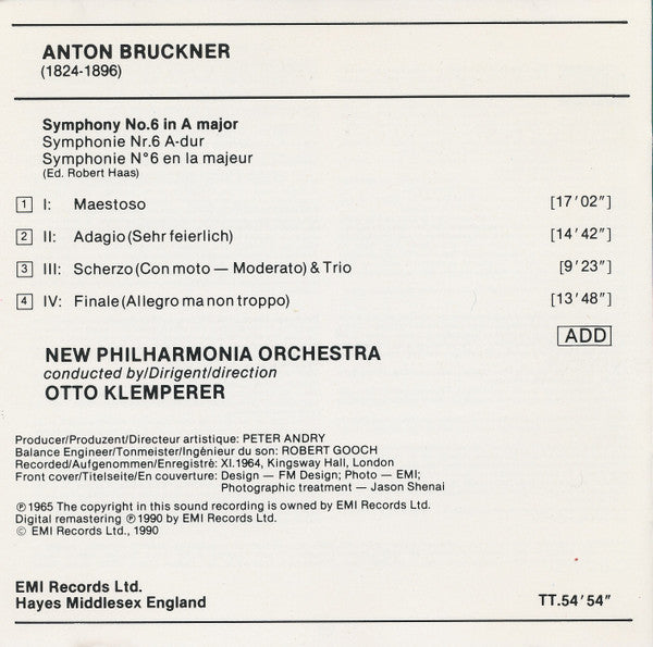 Anton Bruckner - Otto Klemperer, New Philharmonia Orchestra : Symphonie No. 6 (CD, Album, RE, RM)