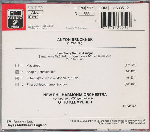 Anton Bruckner - Otto Klemperer, New Philharmonia Orchestra : Symphonie No. 6 (CD, Album, RE, RM)