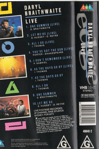 Daryl Braithwaite : Edge - Live (VHS, Album)