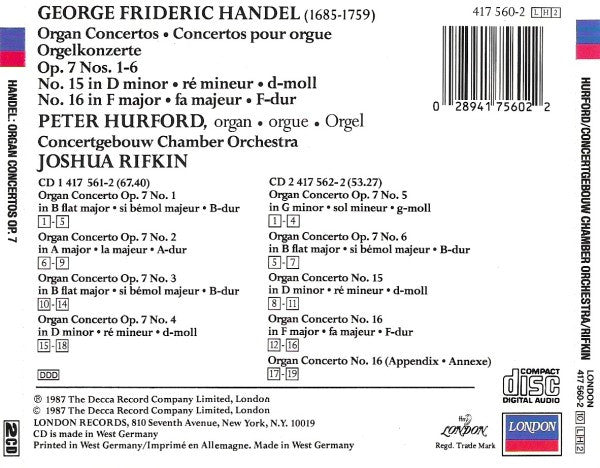 Handel*, Concertgebouw Chamber Orchestra, Peter Hurford, Joshua Rifkin : Organ Concertos, Op. 7 (2xCD)