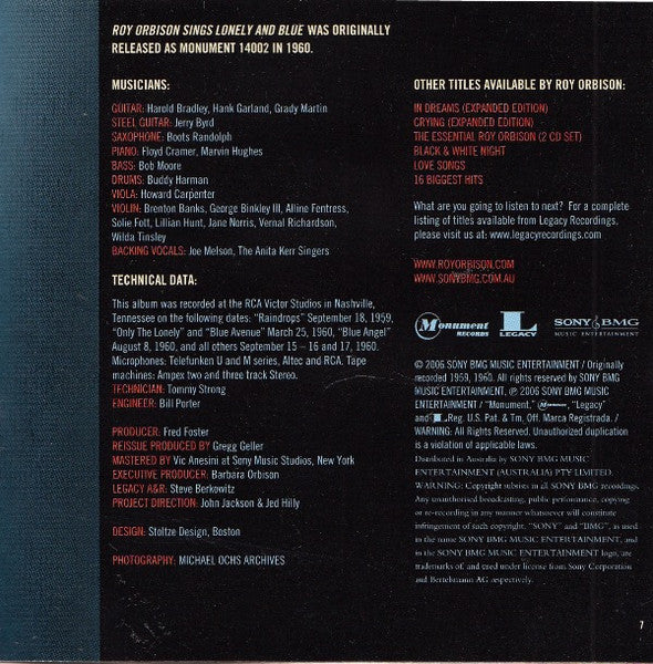 Roy Orbison : Lonely And Blue (CD, Album, RE)
