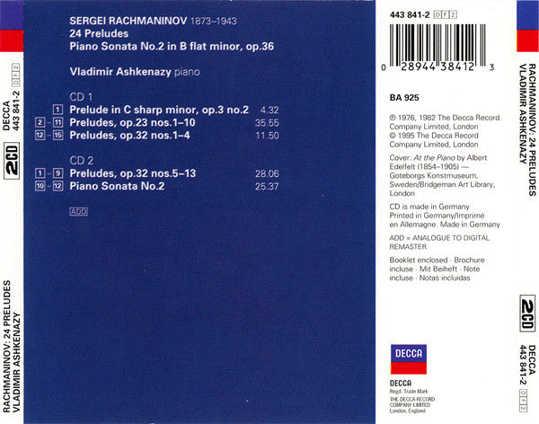 Rachmaninov* - Vladimir Ashkenazy : 24 Preludes - Sonata No. 2 (2xCD, Comp, RE, RM)