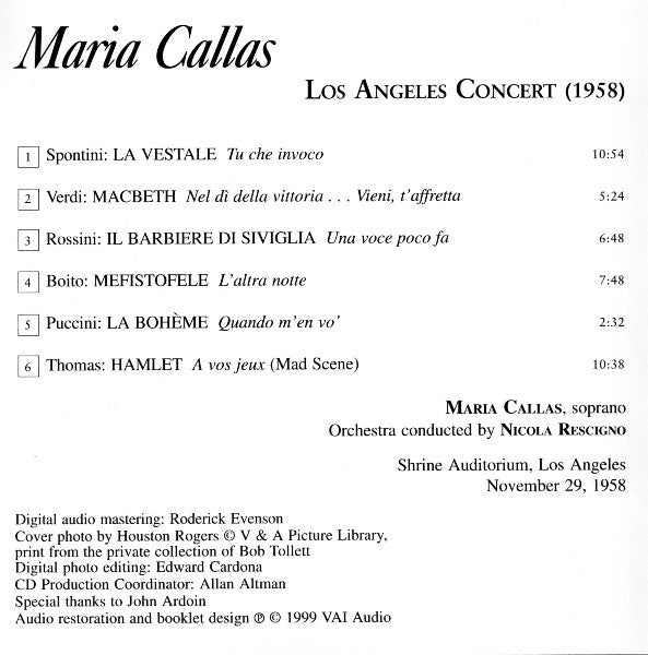 Maria Callas : Los Angeles Concert (1958) (CD, RM)