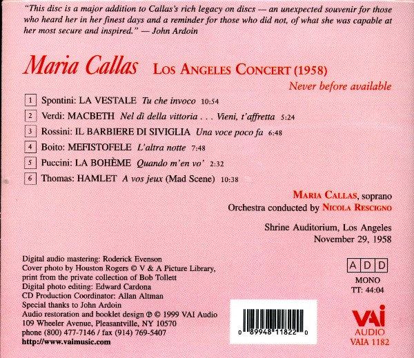 Maria Callas : Los Angeles Concert (1958) (CD, RM)