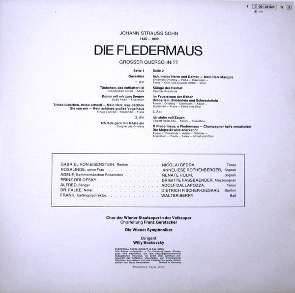 Johann Strauss*, Anneliese Rothenberger, Dietrich Fischer-Dieskau, Nicolai Gedda, Renate Holm, Brigitte Fassbaender, Adolf Dallapozza, Walter Berry, Wiener Symphoniker , Dirigent Willi Boskovsky : Die Fledermaus (Grosser Querschnitt) (LP, Album, Quad)