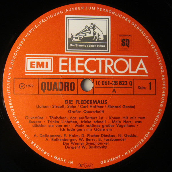 Johann Strauss*, Anneliese Rothenberger, Dietrich Fischer-Dieskau, Nicolai Gedda, Renate Holm, Brigitte Fassbaender, Adolf Dallapozza, Walter Berry, Wiener Symphoniker , Dirigent Willi Boskovsky : Die Fledermaus (Grosser Querschnitt) (LP, Album, Quad)