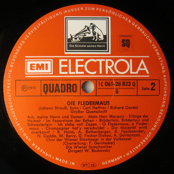 Johann Strauss*, Anneliese Rothenberger, Dietrich Fischer-Dieskau, Nicolai Gedda, Renate Holm, Brigitte Fassbaender, Adolf Dallapozza, Walter Berry, Wiener Symphoniker , Dirigent Willi Boskovsky : Die Fledermaus (Grosser Querschnitt) (LP, Album, Quad)