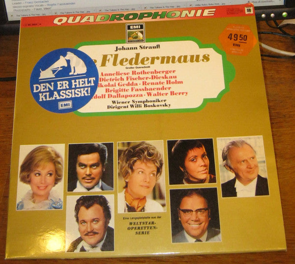 Johann Strauss*, Anneliese Rothenberger, Dietrich Fischer-Dieskau, Nicolai Gedda, Renate Holm, Brigitte Fassbaender, Adolf Dallapozza, Walter Berry, Wiener Symphoniker , Dirigent Willi Boskovsky : Die Fledermaus (Grosser Querschnitt) (LP, Album, Quad)