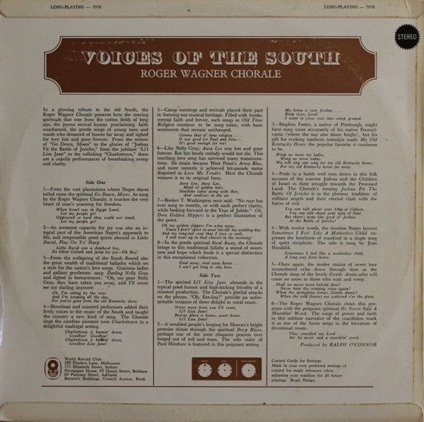 The Roger Wagner Chorale : Voices Of The South (LP, Album, Club, RE)