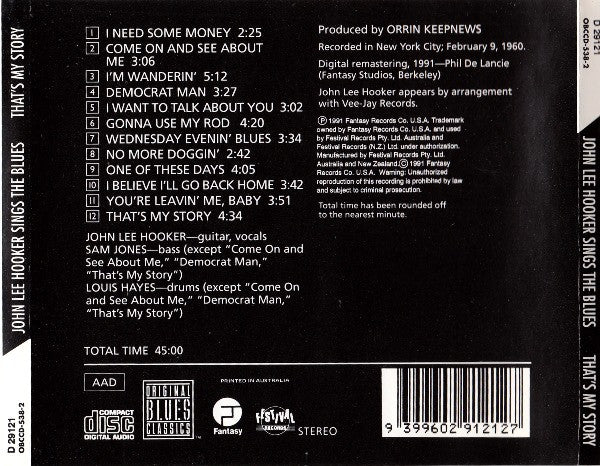 John Lee Hooker : That's My Story John Lee Hooker Sings The Blues (CD, Album, RE, RM)