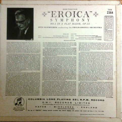 Beethoven*, Otto Klemperer, Philharmonia Orchestra : Number 3 In E Flat Major Op. 55 ("Eroica") (LP, RE)