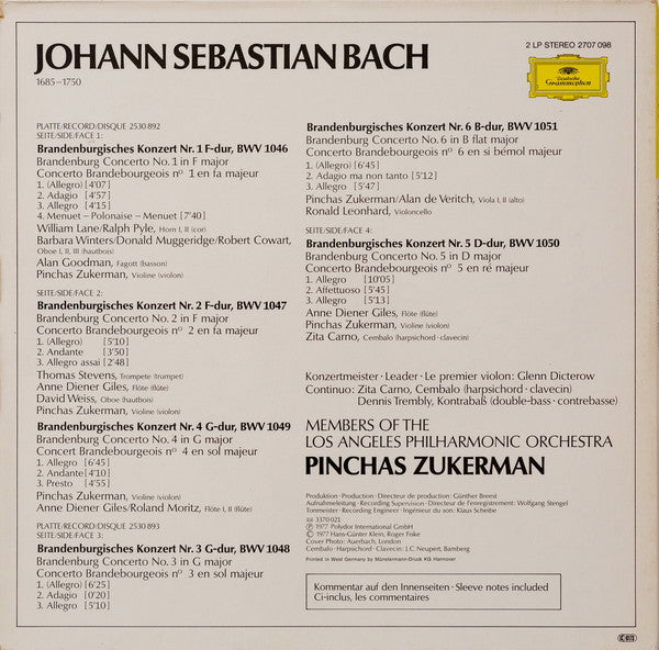 J.S. Bach* - Members Of The Los Angeles Philharmonic, Pinchas Zukerman : 6 Brandenburghische Konzerte (2xLP)