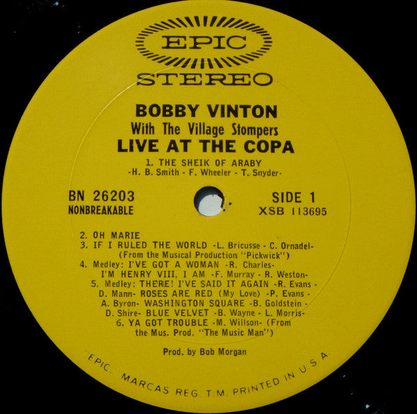 Bobby Vinton With The Village Stompers : Live At The Copa (LP, Ter)