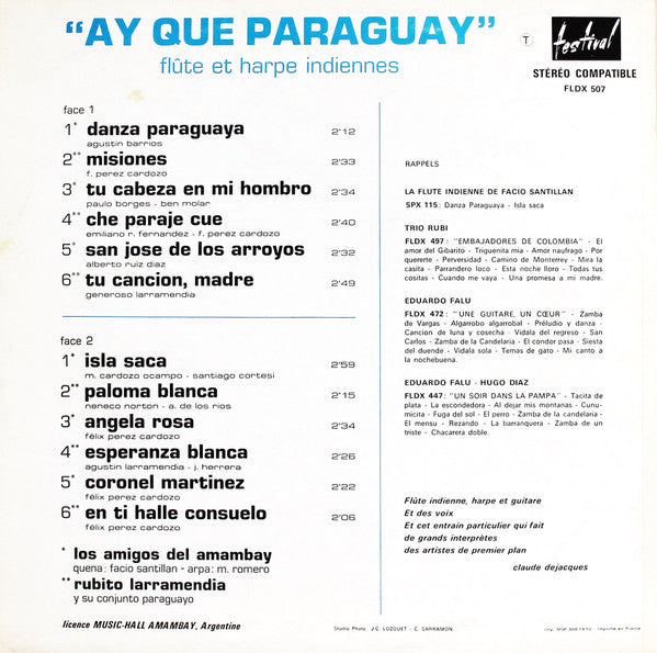 Facio Santillan, M. Romero* : Ay Que Paraguay (Flûte Et Harpe Indiennes) (LP)