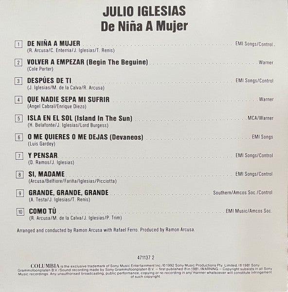 Julio Iglesias : De Niña A Mujer (CD, Album, RE)