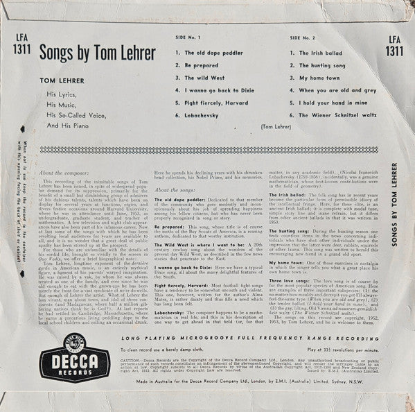 Tom Lehrer : Songs By Tom Lehrer (10", Mono)