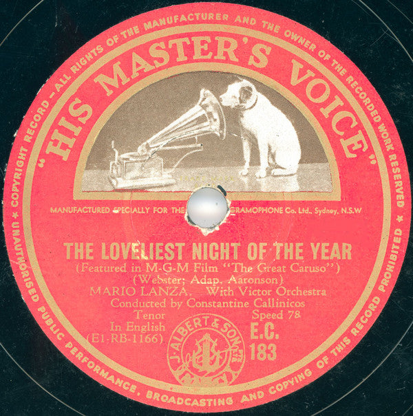 Mario Lanza With Victor Orchestra* : The Loveliest Night Of The Year / Because (Shellac, 10")