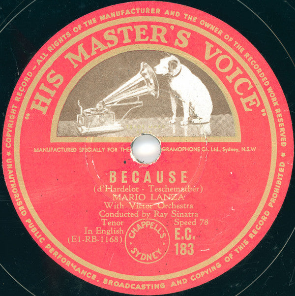 Mario Lanza With Victor Orchestra* : The Loveliest Night Of The Year / Because (Shellac, 10")