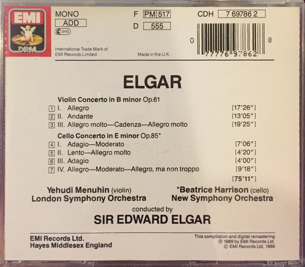 Sir Edward Elgar, Yehudi Menuhin, Beatrice Harrison (2) : Violin Concerto  / Cello Concerto (CD, Comp, RM)
