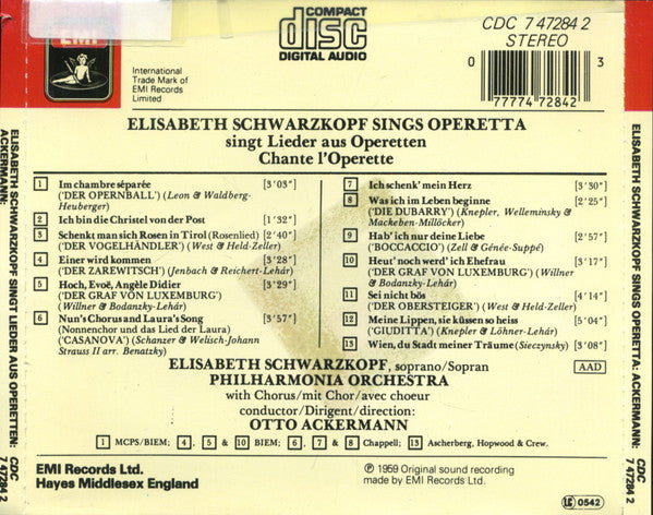 Elisabeth Schwarzkopf - Philharmonia Orchestra, Otto Ackermann : Elisabeth Schwarzkopf Sings Operetta (CD, Album, RE)