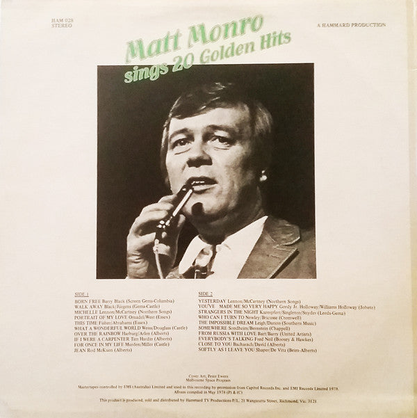Matt Monro : Matt Monro Sings 20 Golden Hits (LP, Comp)