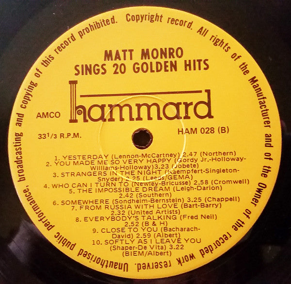 Matt Monro : Matt Monro Sings 20 Golden Hits (LP, Comp)