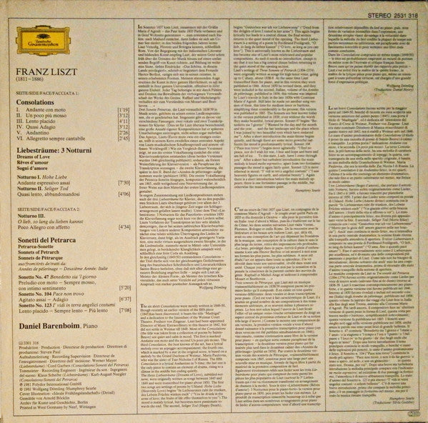 Franz Liszt, Daniel Barenboim : Liebesträume • 3 Sonetti Del Petrarca • Consolations (LP)