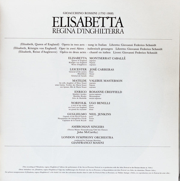 Gioacchino Rossini - Montserrat Caballé, José Carreras, Valérie Masterson, Rosanne Creffield, Ugo Benelli, Neil Jenkins, The Ambrosian Singers, London Symphony Orchestra, Gianfranco Masini : Elisabetta, Regina D'Inghilterra (3xLP, Album + Box)
