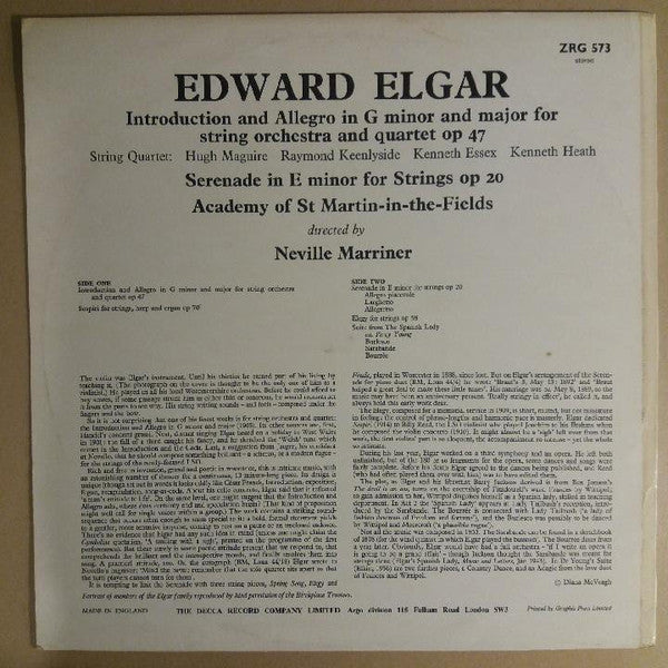 Sir Edward Elgar, The Academy Of St. Martin-in-the-Fields Director Sir Neville Marriner : Introduction And Allegro / Serenade / Sospiri / Elegy / Dances From The Spanish Lady (LP, RP)