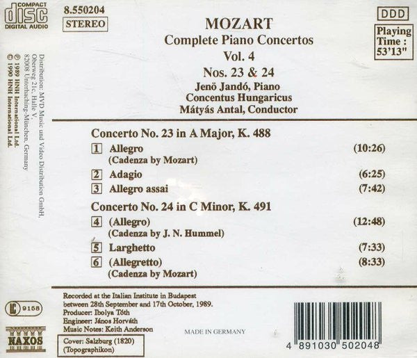 Mozart* – Jenö Jandó • Concentus Hungaricus • Mátyás Antal : Complete Piano Concertos Vol. 4 • Nos. 23 & 24 (CD, Album)