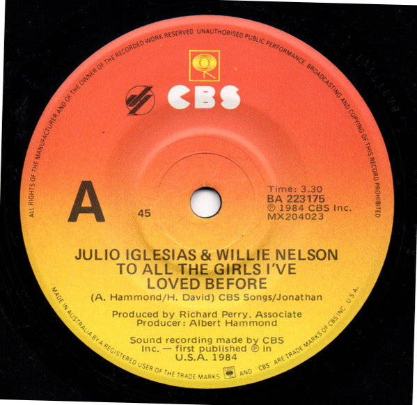 Julio Iglesias & Willie Nelson : To All The Girls I've Loved Before (7", Single)