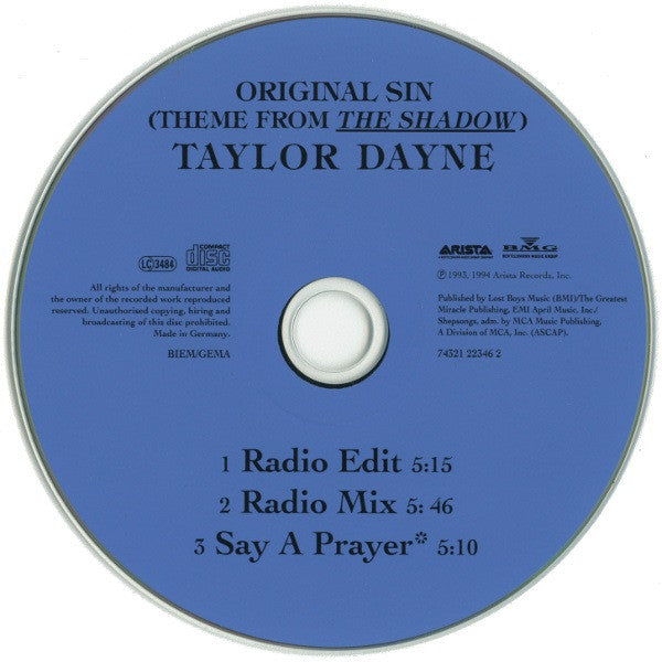 Taylor Dayne : Original Sin (Theme From The Shadow) (CD, Single)