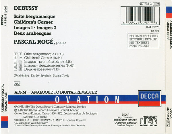 Debussy* - Pascal Rogé : Suite Bergamasque / Children's Corner / Images 1 / Images 2 / Deux Arabesques (CD, Comp, RM)