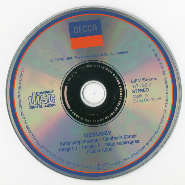 Debussy* - Pascal Rogé : Suite Bergamasque / Children's Corner / Images 1 / Images 2 / Deux Arabesques (CD, Comp, RM)
