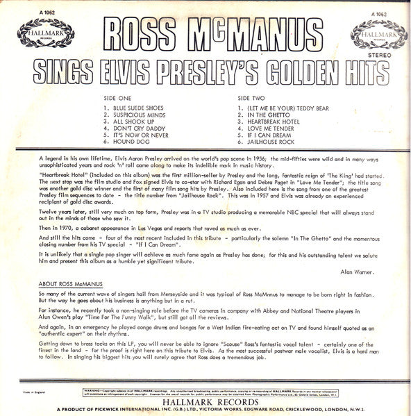 Ross McManus : Sings Elvis Presley's Golden Hits (LP, Album)