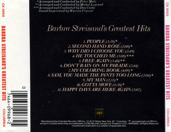 Barbra Streisand : Barbra Streisand's Greatest Hits (CD, Comp, RE)
