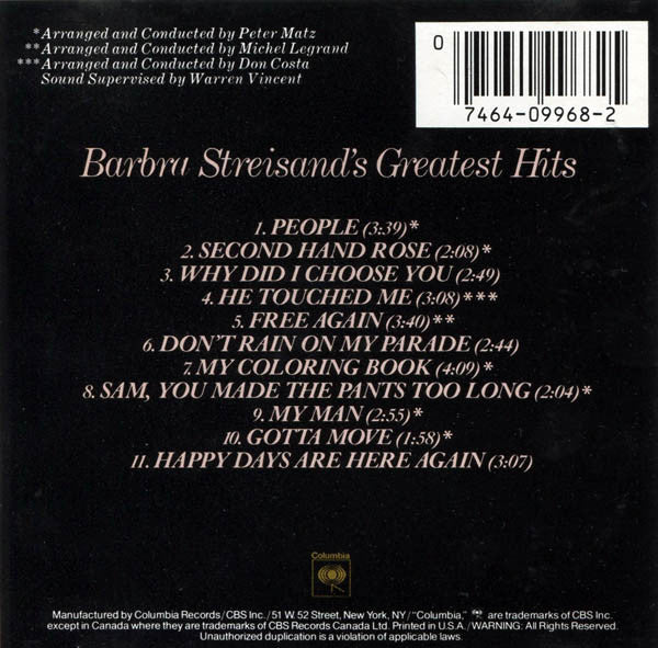 Barbra Streisand : Barbra Streisand's Greatest Hits (CD, Comp, RE)