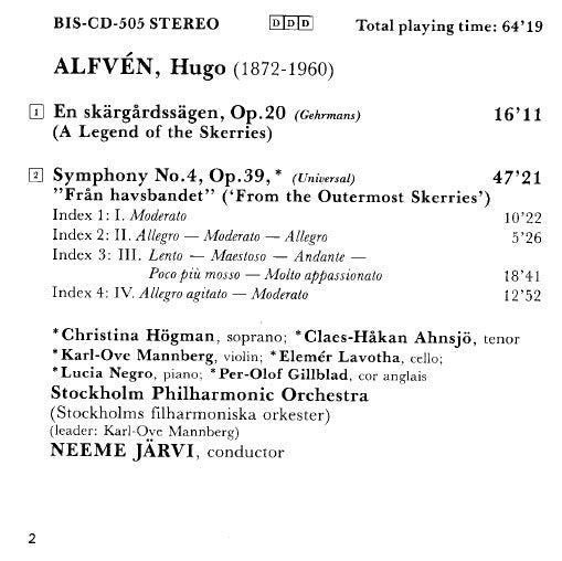 Hugo Alfvén - Stockholm Philharmonic Orchestra* / Neeme Järvi / Christina Högman / Claes-Håkan Ahnsjö : En Skärgårdssägen, Op.20 / Symphony No.4, Op.39 'Från Havsbandet' (CD, Album)