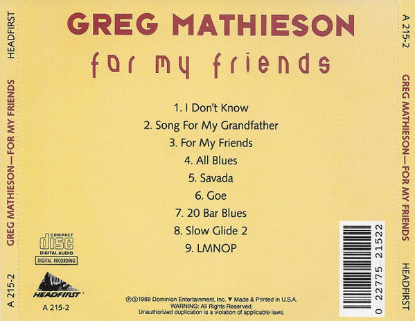 Greg Mathieson : For My Friends (CD, Album)