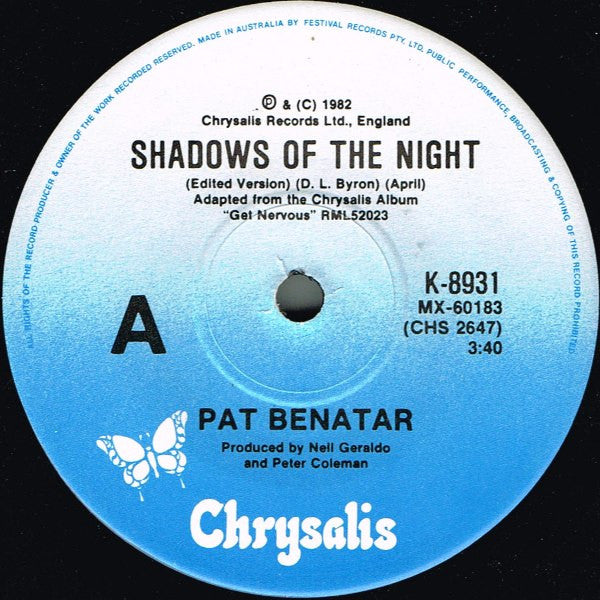 Pat Benatar : Shadows Of The Night (7", Single, Ltd)