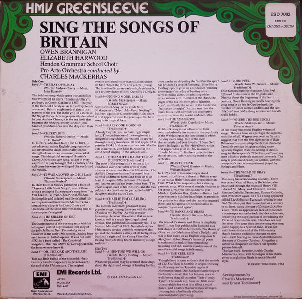 Owen Brannigan, Elizabeth Harwood, Hendon Grammar School Choir, Pro Arte Orchestra, Sir Charles Mackerras : Sing The Songs Of Britain (LP, RE)