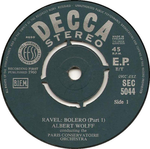 Maurice Ravel, Orchestre De La Société Des Concerts Du Conservatoire, Albert Wolff : Bolero (7", EP)